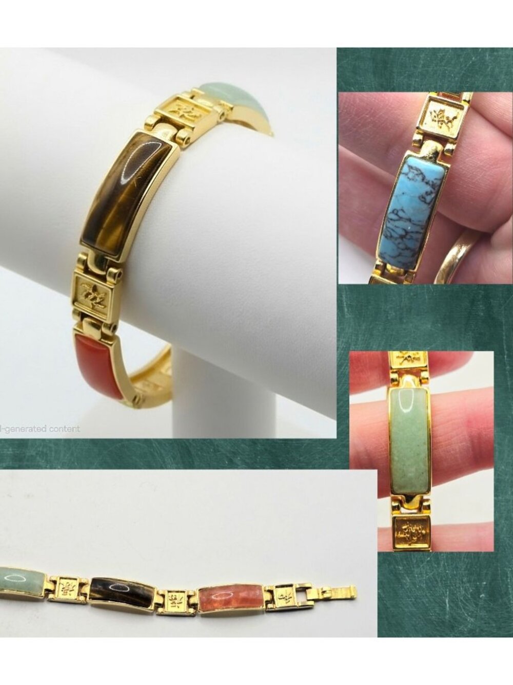 Vintage Gold-Tone Multi-Stone Link Bracelet With Faux Turquoise Jade Tiger Eye